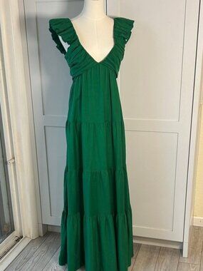 Jason Wu Emerald Green Ruffled V-Neck Tiered Maxi Dress Women’s Size Medium